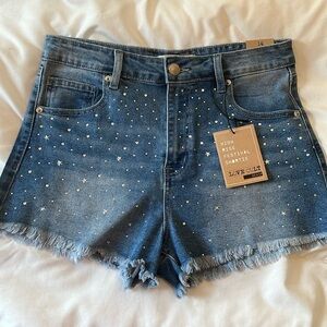 Love Cult High Rise Festival Shortie NWT Blue Denim Cotton Gem Raw Hem Size 14